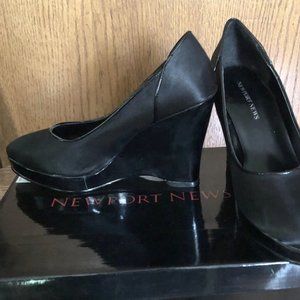 Newport News Black Satin & Patent Wedge